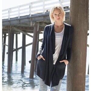 Barefoot Dreams Bamboo Calypso Waterfall Navy Draped OpenFront Wrap Cardigan S/M